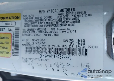 2017 Ford Fusion Se z USA, uszkodzony, nr VIN 3FA6P0H91HR122862